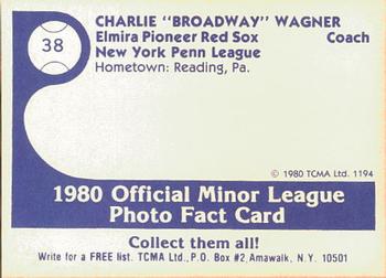 1980 TCMA Elmira Pioneer Red Sox #38 Charlie Wagner Back