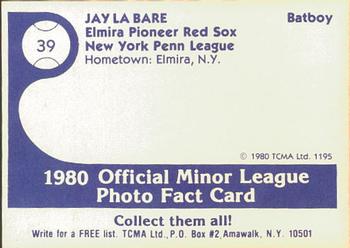1980 TCMA Elmira Pioneer Red Sox #39 Jay La Bare Back