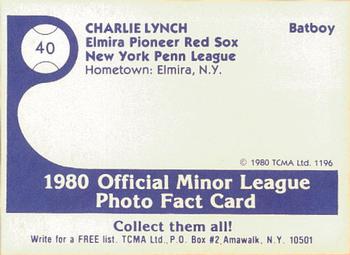 1980 TCMA Elmira Pioneer Red Sox #40 Charlie Lynch Back