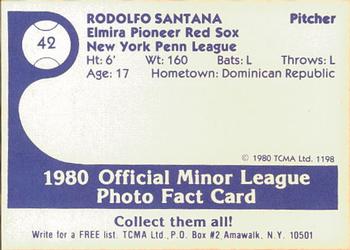 1980 TCMA Elmira Pioneer Red Sox #42 Rodolfo Santana Back