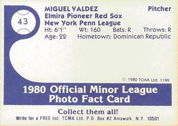 1980 TCMA Elmira Pioneer Red Sox #43 Miguel Valdez Back