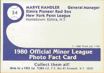 1980 TCMA Elmira Pioneer Red Sox #34 Marve Handler Back
