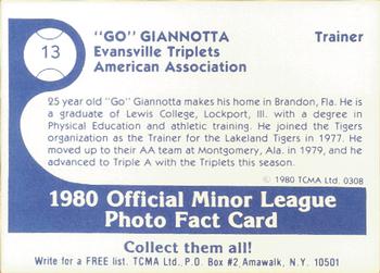 1980 TCMA Evansville Triplets #13 Go Giannotta Back