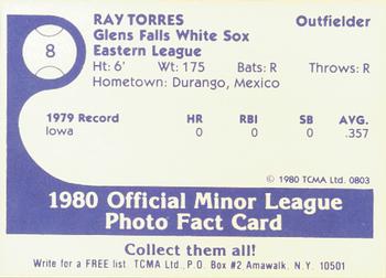 1980 TCMA Glens Falls White Sox B/W #8 Ray Torres Back