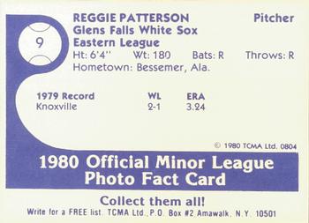 1980 TCMA Glens Falls White Sox B/W #9 Reggie Patterson Back