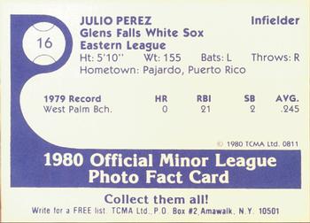 1980 TCMA Glens Falls White Sox B/W #16 Julio Perez Back