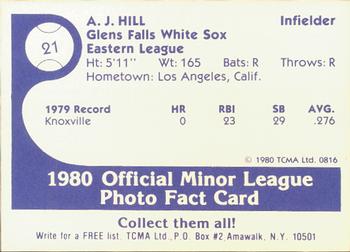 1980 TCMA Glens Falls White Sox B/W #21 A.J. Hill Back