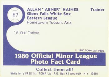 1980 TCMA Glens Falls White Sox B/W #27 Abner Haines Back