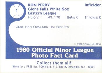 1980 TCMA Glens Falls White Sox Color #1 Ron Perry Back