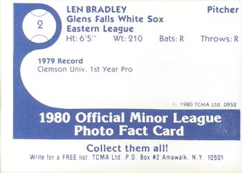 1980 TCMA Glens Falls White Sox Color #2 Len Bradley Back