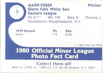 1980 TCMA Glens Falls White Sox Color #5 Mark Esser Back