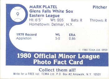 1980 TCMA Glens Falls White Sox Color #9 Mark Platel Back