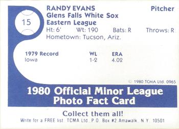 1980 TCMA Glens Falls White Sox Color #15 Randy Evans Back