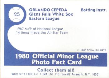 1980 TCMA Glens Falls White Sox Color #25 Orlando Cepeda Back