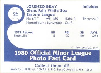 1980 TCMA Glens Falls White Sox Color #26 Lorenzo Gray Back