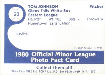 1980 TCMA Glens Falls White Sox Color #28 Tom Johnson Back