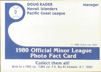 1980 TCMA Hawaii Islanders #2 Doug Rader Back