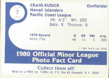 1980 TCMA Hawaii Islanders #7 Craig Kusick Back