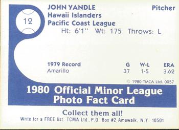 1980 TCMA Hawaii Islanders #12 John Yandle Back