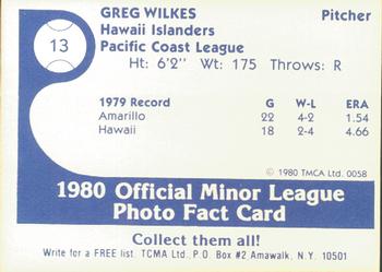 1980 TCMA Hawaii Islanders #13 Greg Wilkes Back