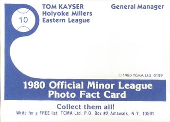 1980 TCMA Holyoke Millers #10 Tom Kayser Back