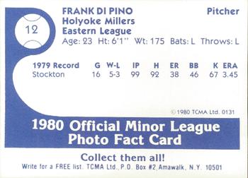 1980 TCMA Holyoke Millers #12 Frank DiPino Back