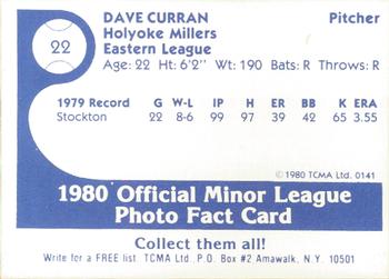 1980 TCMA Holyoke Millers #22 Dave Curran Back