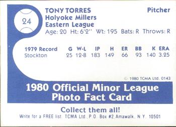 1980 TCMA Holyoke Millers #24 Tony Torres Back