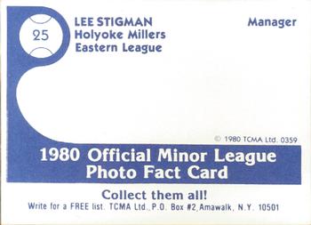 1980 TCMA Holyoke Millers #25 Lee Sigman Back