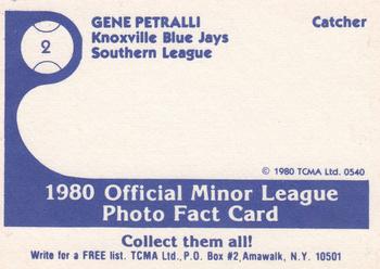 1980 TCMA Knoxville Blue Jays #2 Geno Petralli Back