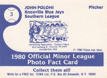 1980 TCMA Knoxville Blue Jays #3 John Poloni Back