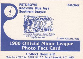 1980 TCMA Knoxville Blue Jays #4 Pete Rowe Back