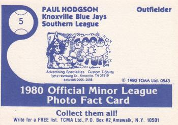 1980 TCMA Knoxville Blue Jays #5 Paul Hodgson Back