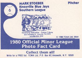 1980 TCMA Knoxville Blue Jays #6 Mark Stoeber Back
