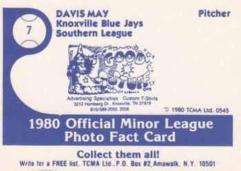 1980 TCMA Knoxville Blue Jays #7 Davis May Back