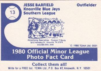 1980 TCMA Knoxville Blue Jays #13 Jesse Barfield Back