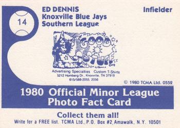 1980 TCMA Knoxville Blue Jays #14 Ed Dennis Back