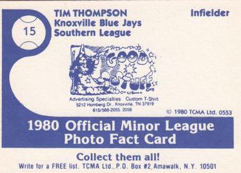 1980 TCMA Knoxville Blue Jays #15 Tim Thompson Back