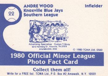 1980 TCMA Knoxville Blue Jays #22 Andre Wood Back