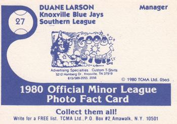 1980 TCMA Knoxville Blue Jays #27 Duane Larson Back