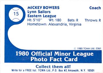 1980 TCMA Lynn Sailors #15 Mickey Bowers Back