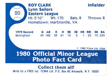 1980 TCMA Lynn Sailors #20 Roy Clark Back