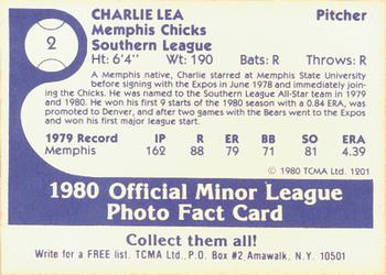 1980 TCMA Memphis Chicks #2 Charlie Lea Back