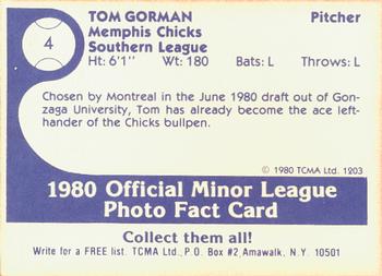 1980 TCMA Memphis Chicks #4 Tom  Gorman Back