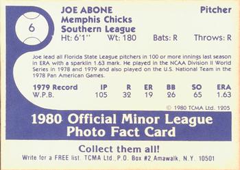 1980 TCMA Memphis Chicks #6 Joe Abone Back