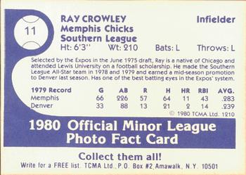 1980 TCMA Memphis Chicks #11 Ray Crowley Back