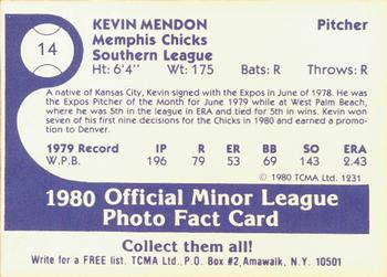 1980 TCMA Memphis Chicks #14 Kevin Mendon Back
