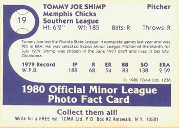 1980 TCMA Memphis Chicks #19 Tommy Joe Shimp Back