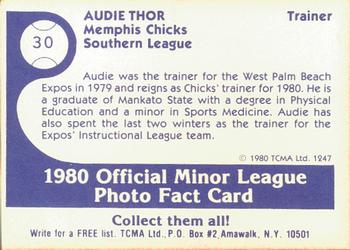 1980 TCMA Memphis Chicks #30 Audie Thor Back