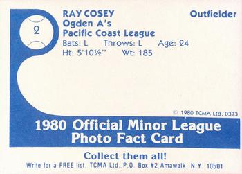 1980 TCMA Ogden A's #2 Ray Cosey Back